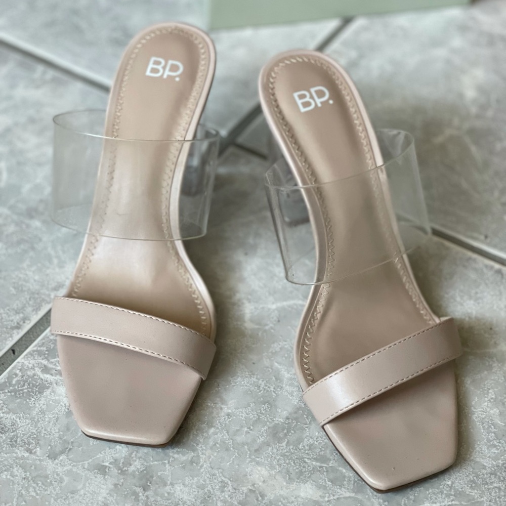 BP heels, nude color with clear straps.